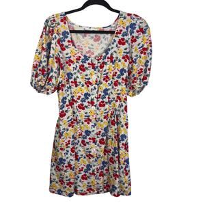 Rixo Floral Button Front Dress Puff Sleeve Linen Blend Midi Size 12